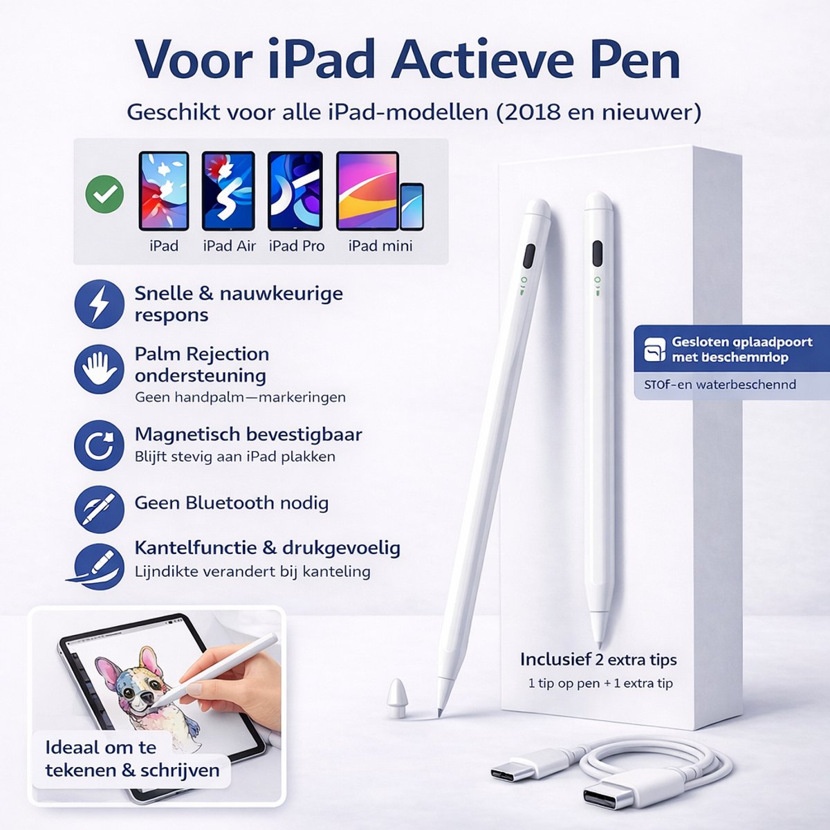 Stylus Pen voor iPad (2018–2025) met Palm Rejection en LED Batterij-indicator – Oplaadbare Touch Pen (Wit)