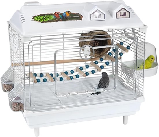 Vogelkooi – 46x35,5x99 Cm – Met 3 Speeltjes, 4 Voederbakken & 3 Zitstokken – Draagbaar – Voor Parkieten, Kanaries, Grasparkieten – Stevig Staal