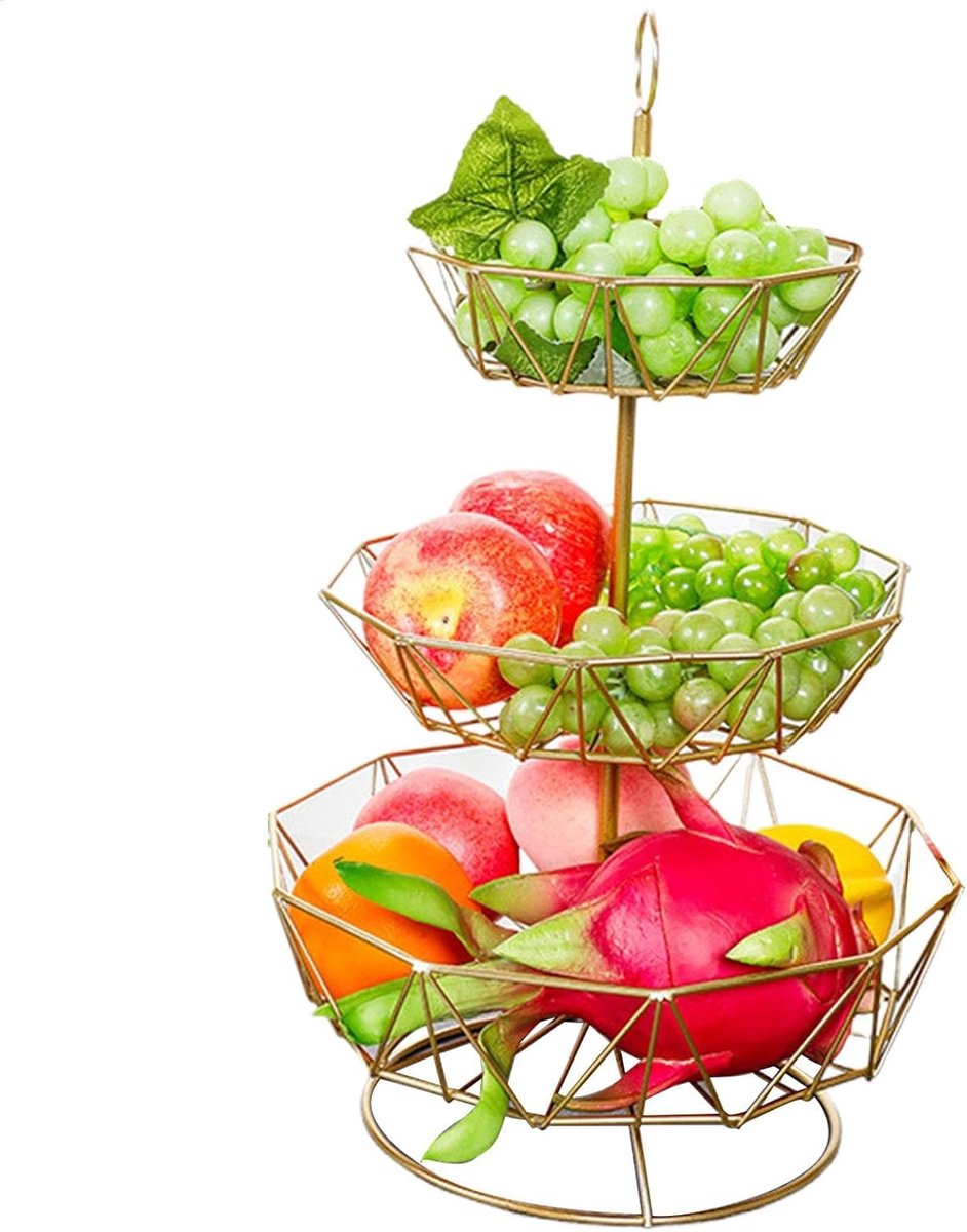 Fruit Groente Mand - Opslag Organizer - Keuken Opbergen - Drie Laags Ontwerp - 47x30.5 cm - Goud