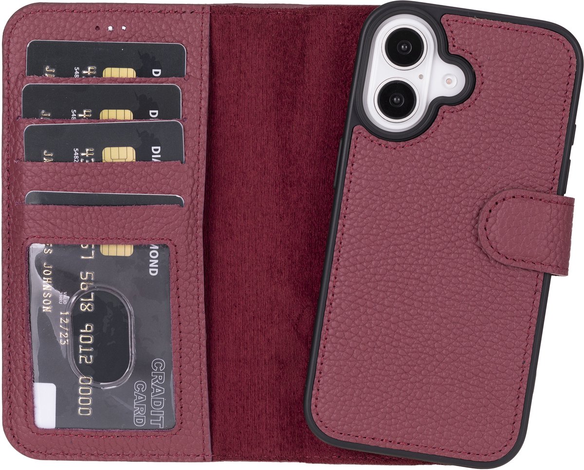 Lykke iPhone 17 Hoesje- Echt Leren Hoesje met MagSafe -Pasjeshouder- Uitneembare Backcover - Maroon