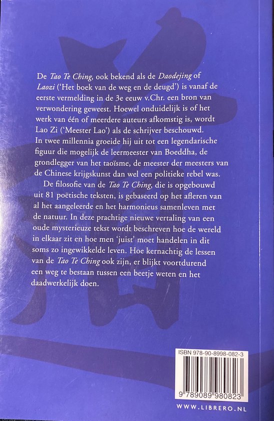 Achterkant van het boek 'Tao Te Ching, De Kunst van Harmonie' met tekst.