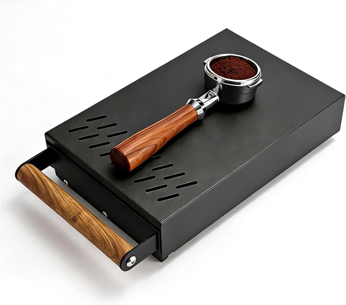 Koffiediklade - Afkloplade container - Koffiezet apparaat - Houten handgreep ventilatie - 315 x 21 x 7 cm - Zwart