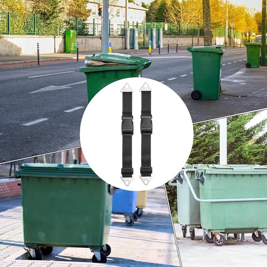 Prullenbakken op straat, met een cirkelvormige weergave van de riemen en een groene prullenbak met gesloten deksel.