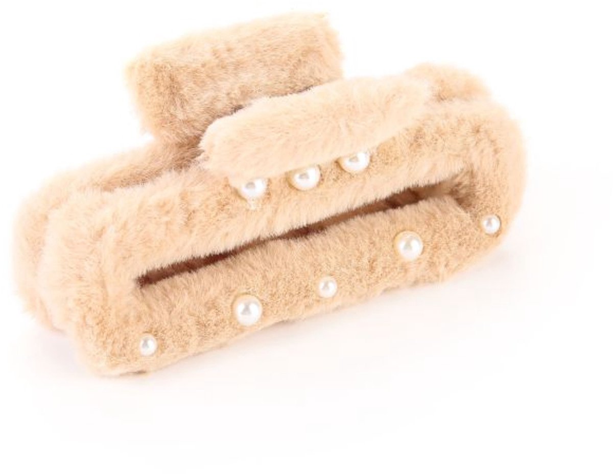 Haarklem met teddy en parels- Beige