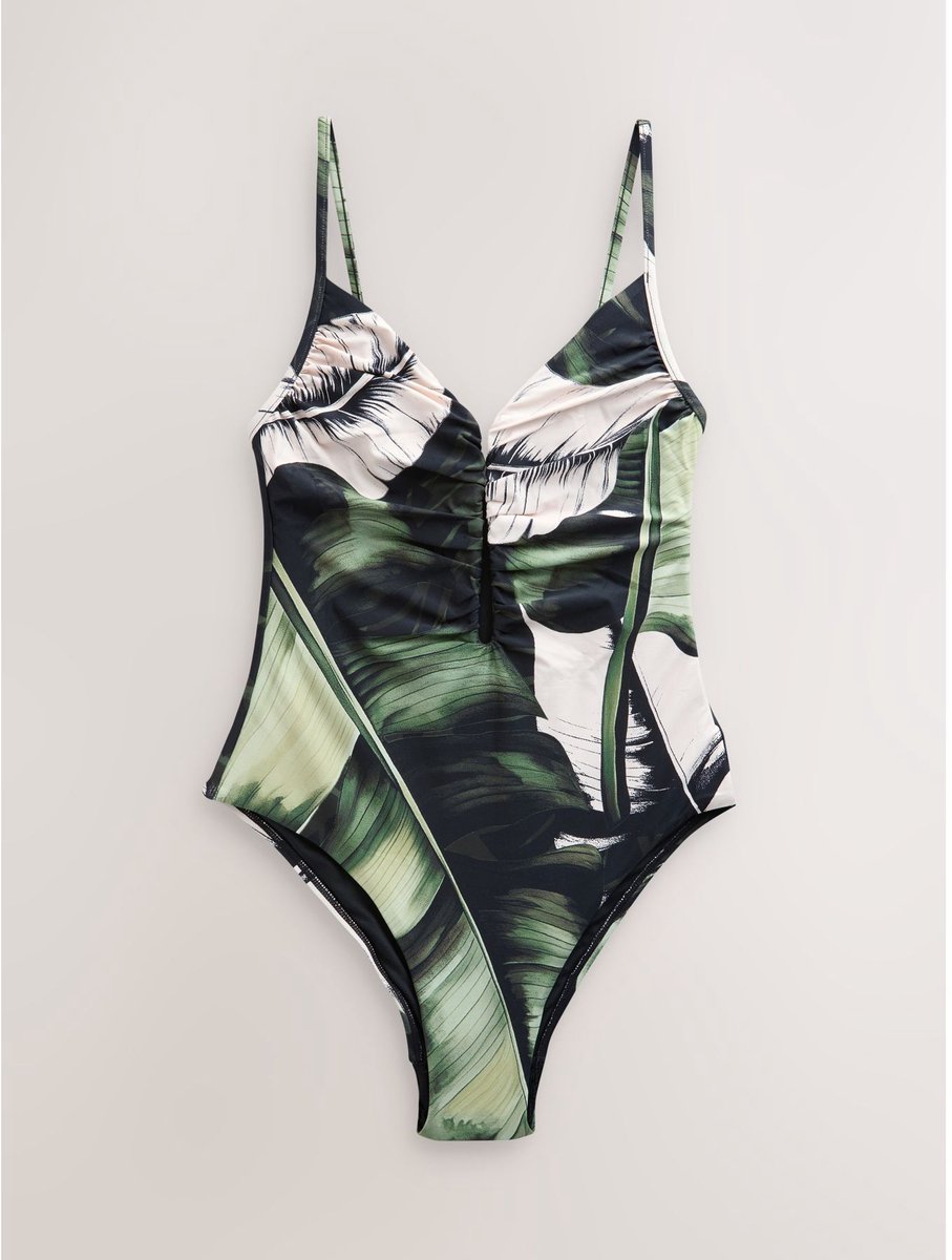 Next Dames - Diepuitgesneden buikbedekkend badpak - Zwart Black/Green Leaf