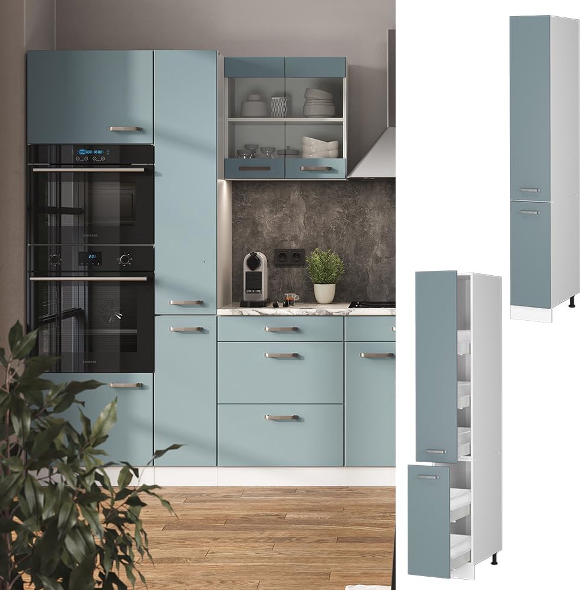 Hoge Keukenkast - Apothekerskast - Keukenopslag - Modulair Systeem - 30cm Breed - Blauw-gr
