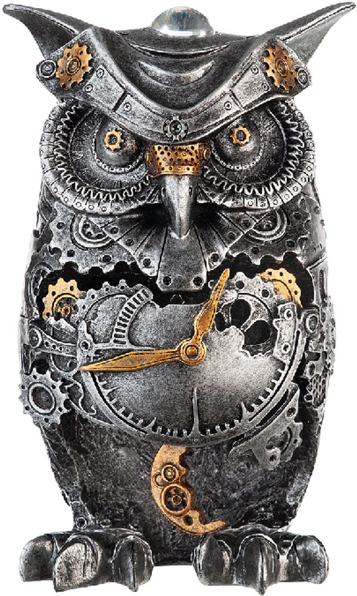 Steampunk Uil - figuur - Beeld - Owl - Klok is decoratie en werkt niet - Zilverkleurig / metaalkleurig met bronskleurige accenten - Hoogte 21 cm