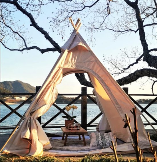 Katoenen Piramide Tent - Bell Tent Teepee - Familie Camping - Dubbele Deuren Ventilatie - 200cm Hoog - Beige — afbeelding 5