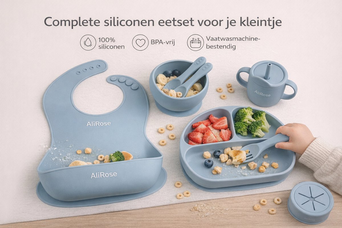 AliRose - Luxe Siliconen Servies - Set voor Baby's - Hemels Blauw - Rustige Kleur - Inclusief Baby Bestek - BPA Vrij - Inclusief Anti-Slip Bord, Kom, Slab, Beker en Bestek - Geschikt voor Vriezer, Magnetron en Vaatwasser - Onbreekbaar - Baby Blauw