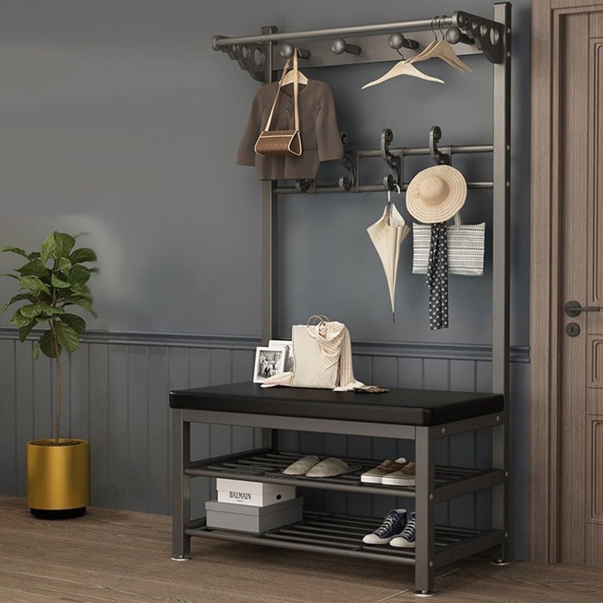 Kapstok met bank - Entree meubel - Hal opruimen - Metalen frame - 60 80 100 cm - Meerdere opties
