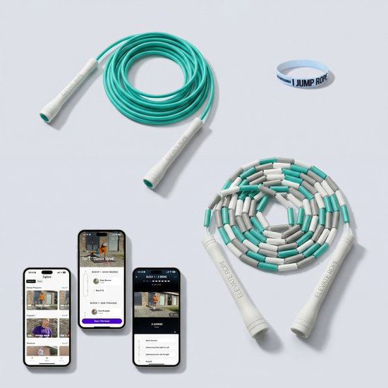 Turquoise speedrope, grijs-witte kralen springtouw, 2 telefoons met workout app, en een blauw polsbandje.