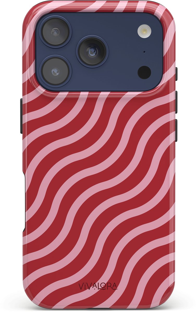 VivaLora Tough Telefoonhoesje iPhone 17 Pro met MagSafe - Wine Flow Print - 2-in-1 Phone Case - Hard Case & Siliconen Back - Extra Bescherming - Shockproof - Golvende strepen - Bordeaux/Roze