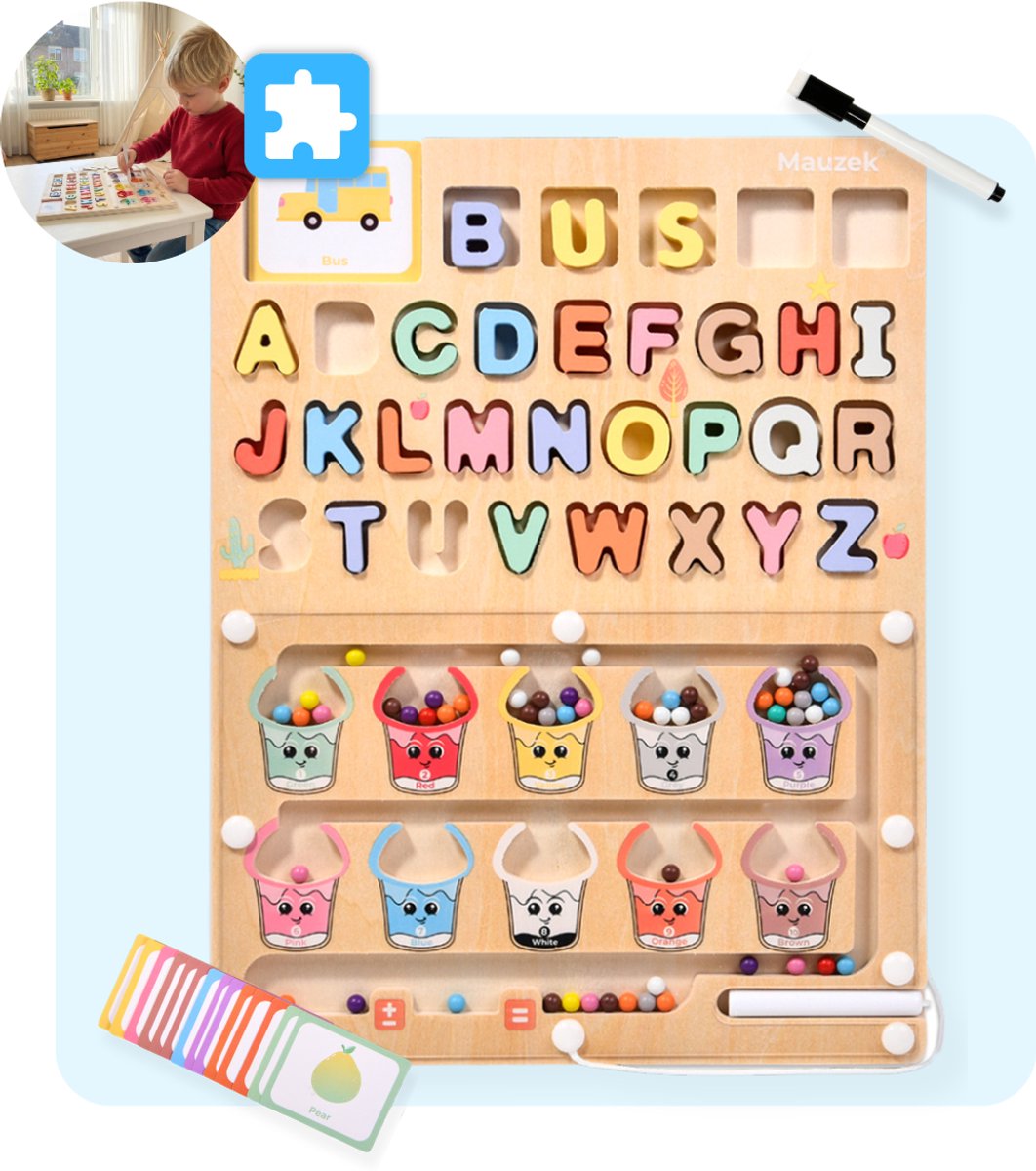 Mauzek® Magnetisch Doolhof Letters en Kleuren – Montessori speelgoed – Houten speelgoed – Sensorisch speelgoed – Alfabet – Activiteitenbord – Motoriek speelgoed – Peuter – Letters – Magneet spel – Jongens – Meisjes – 3 jaar – 4 jaar – 5 jaar – 6 jaar