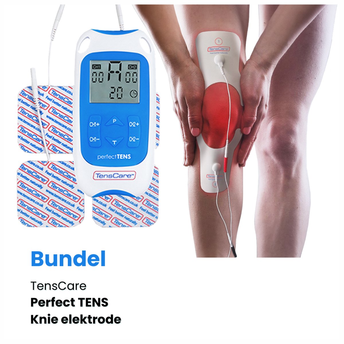 TensCare - Bundel Perfect TENS + 1x knie-elektrode | TENS apparaat | Pijnverlichting | Elektrodentherapie | Knie elektrode TENS/EMS – Zelfklevende gelpads – Knie pijn pads – Compatibel met TENS en EMS apparaten | knie elektrode