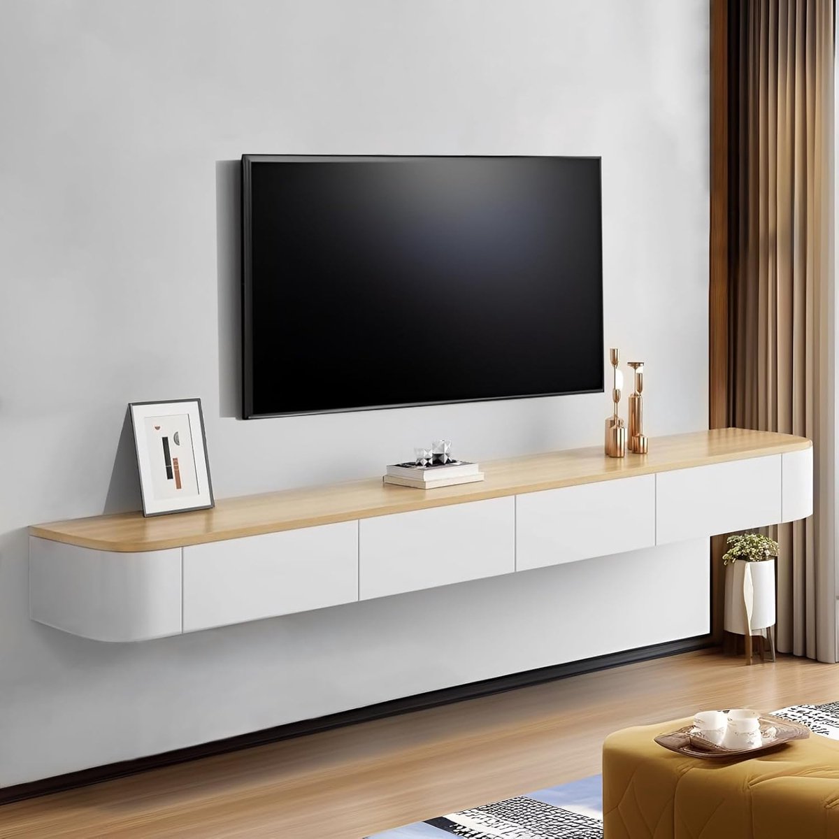 Hangend TV Meubel 140 x 24 x 20 cm – Modern Houten Wandmeubel met Lades en Open Vakken – Bruin – Ruimtebesparende TV Kast met Kabeldoorvoer – Pauwhome