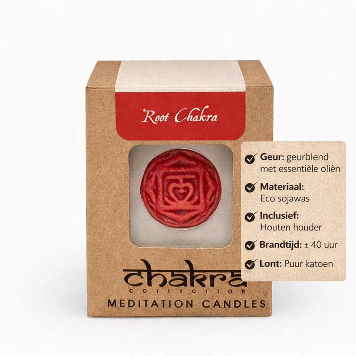 Chakra 1 Kaars – Root Chakra Sojakaars – Meditatie Kaars Rood – Aarding, Stabiliteit & Veiligheid – 40 Branduren