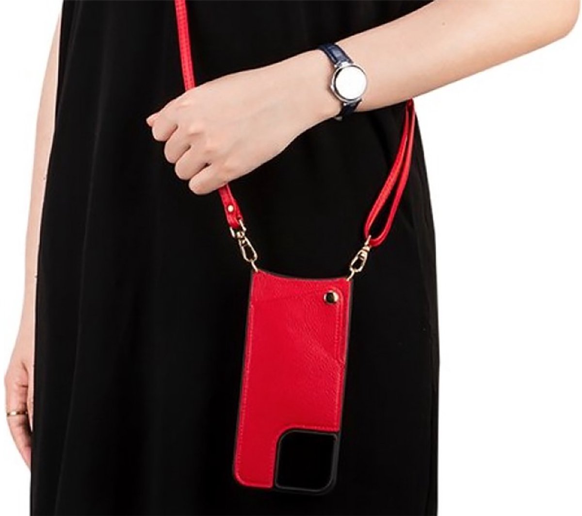 CaseBoutique Backcase hoesje geschikt voor iPhone 15 Pro Max - Effen Rood - Kunstleer - met Crossbody Koord & Pashouder