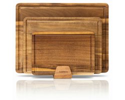Deleca 3-delige Snijplankenset Sevilla met Houder - Snijplanken (40x30 | 33x24 | 26x18 cm) - Voor Keuken, Serveerplank, Kaasplank, Borrelplank, Snijplank en Tapasplank - FSC Acacia Hout