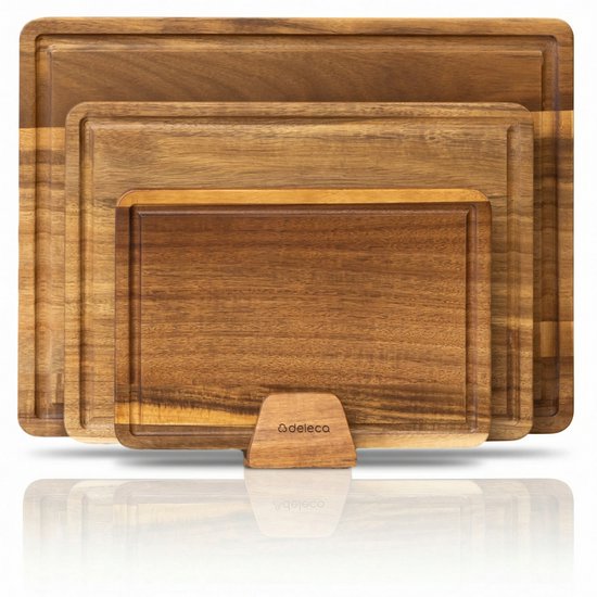 Deleca 3-delige Snijplankenset Sevilla met Houder - Snijplanken (40x30 | 33x24 | 26x18 cm) - Voor Keuken, Serveerplank, Kaasplank, Borrelplank, Snijplank en Tapasplank - FSC Acacia Hout