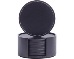 Luxe leren onderzetters voor glazen 10 stuks zwart inclusief houder - Waterafstotend en Hittebestendig - Glasonderzetters voor op Tafel - Coasters - Rond