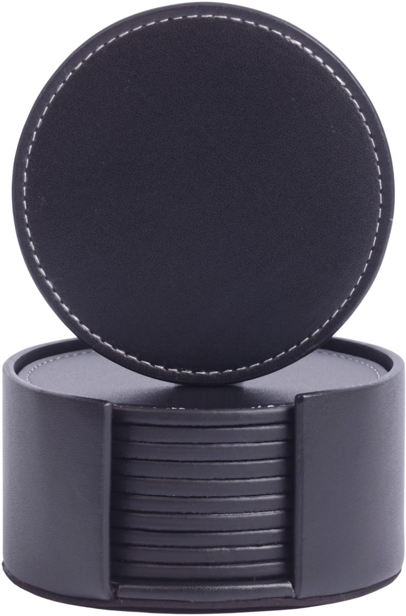 Luxe leren onderzetters voor glazen 10 stuks zwart inclusief houder - Waterafstotend en Hittebestendig - Glasonderzetters voor op Tafel - Coasters - Rond