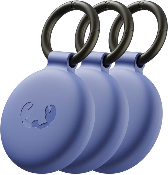 Set van drie paarse trackers met een krab-logo en zwarte sleutelringen.