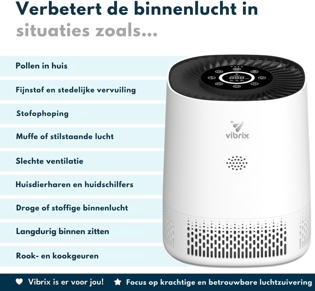 Vibrix PureFlow15 Luchtreiniger / Air Purifier – HEPA H13 + koolstoffilter – 100 m³/u – Voor kamers tot 15 m² – Ionisator – App-bediening – Zeer stil met slaapstand – Luchtkwaliteitindicator — afbeelding 4