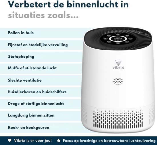 Vibrix PureFlow15 Luchtreiniger / Air Purifier – HEPA H13 + koolstoffilter – 100 m³/u – Voor kamers tot 15 m² – Ionisator – App-bediening – Zeer stil met slaapstand – Luchtkwaliteitindicator