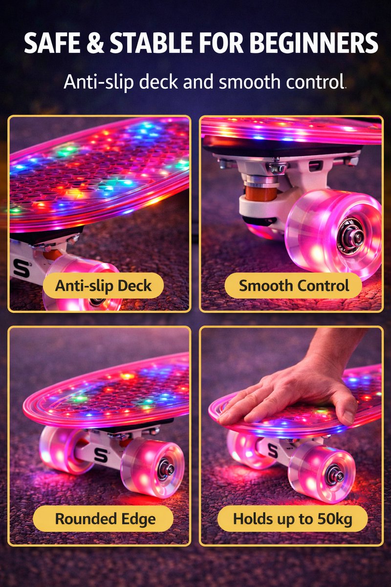 Suotu Skateboard met LED Lichtgevend Dek & Wielen - ABEC-9 - Skateboard Meisjes/jongens – Skateboard Volwassenen -Roze glitter — afbeelding 4