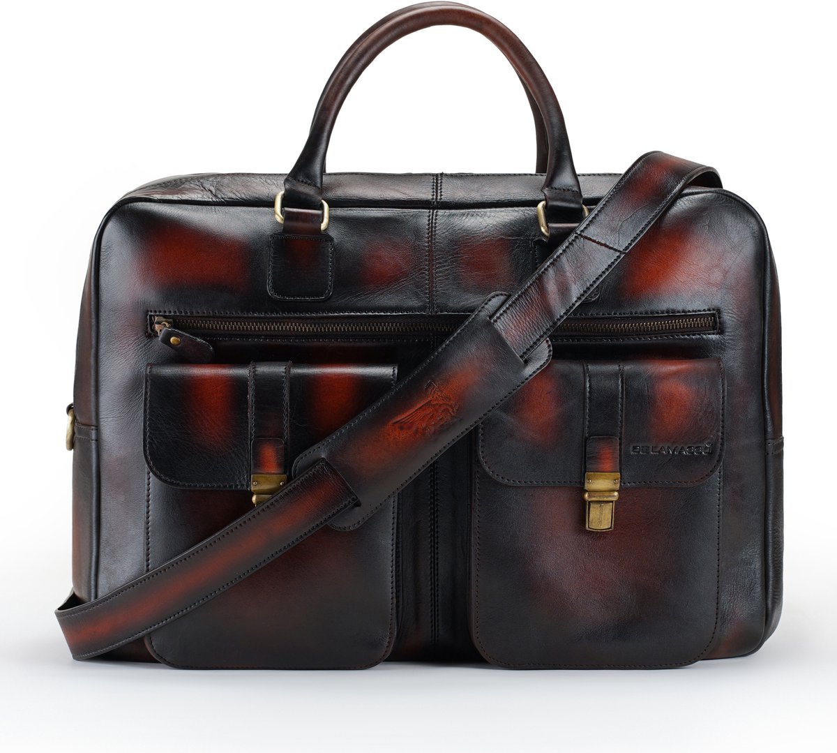 DE LAMASSU® ( Kian ) leren laptoptas 17 inch – unisex XL business tas met trolleyband, 2 voorvakken & schouderriem – grote leren aktetas voor kantoor, werk en reizen