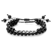 Armbandenset van Zwarte Onyx en Hematiet met Kettingdetail