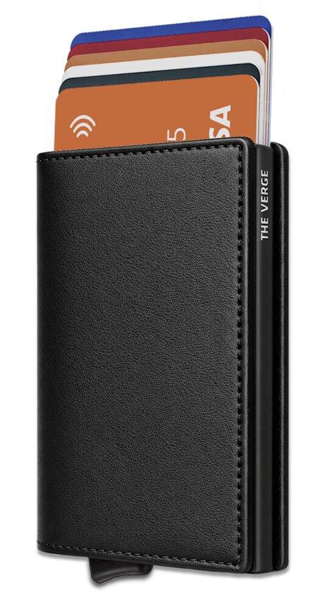 The Verge® Slim Pro - Pasjeshouder Uitschuifbaar - Kaarthouder - Pasjeshouder Mannen & Vrouwen - RFID Creditcardhouder - Pashouder - 9 pasjes - Zwart Leer - Cadeau Man & Vrouw