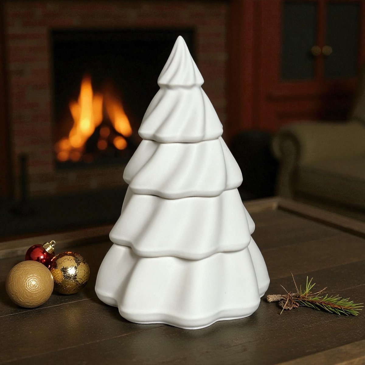 Bam Kerstboomkaars – 4-delige Set met 3 Geurkaarsen en Top – Snowy Musk – Wit – 18 cm - CHRISTMAS Collection - cadeau - vegan