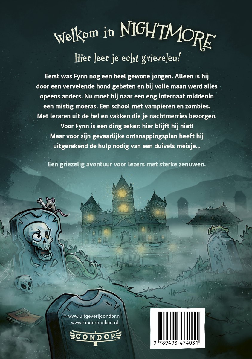 Boekomslag van Nightmare: 'Welkom in Nightmare. Hier leer je echt griezelen!' met een illustratie van een griezelig kasteel, een grafsteen en een vleermuis.