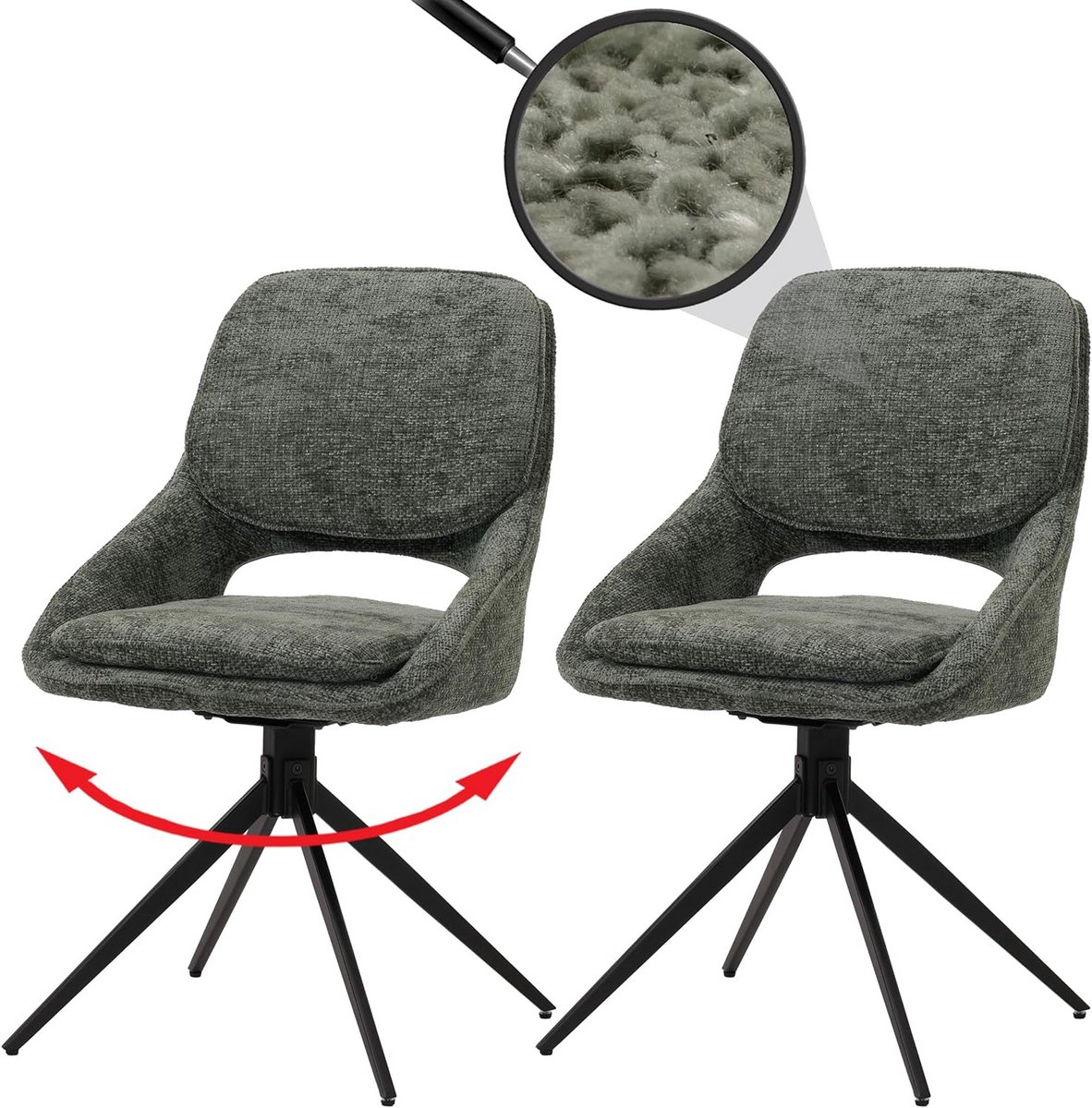 Set van 2 Draaibare Eetkamerstoelen in Groen Chenille Stof
