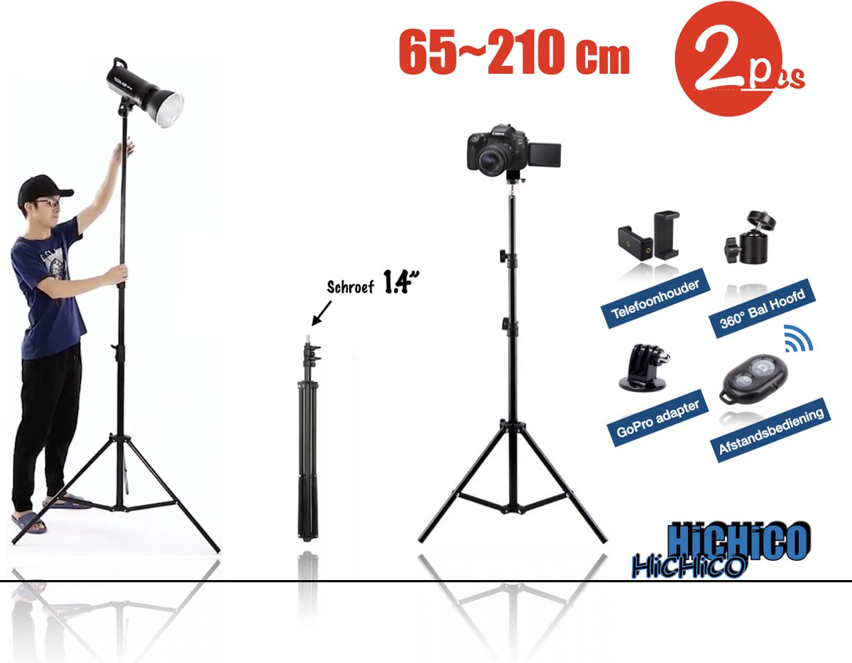 Camerastatieven 210cm Incl. Bluetooth Afstandsbedieningen, Telefoonhouder, 360 ° Mini balhoofd en GoPro Adapter - Camerastatief - smartphone Tripod –- 2STUKS --- FAIRCO®