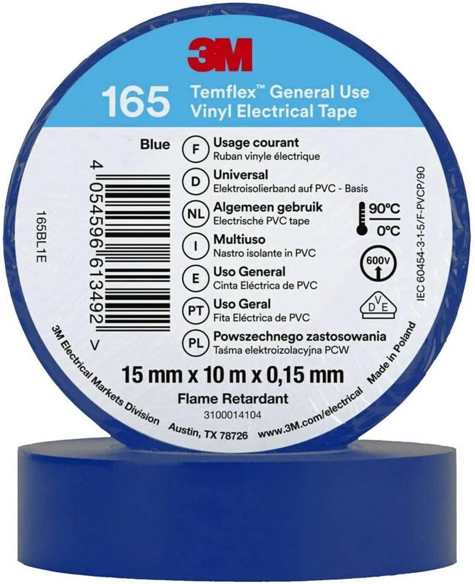 Elektrisch Isolatierolband Blauw 10 Meter x 15 mm Duurzaam en Robuust