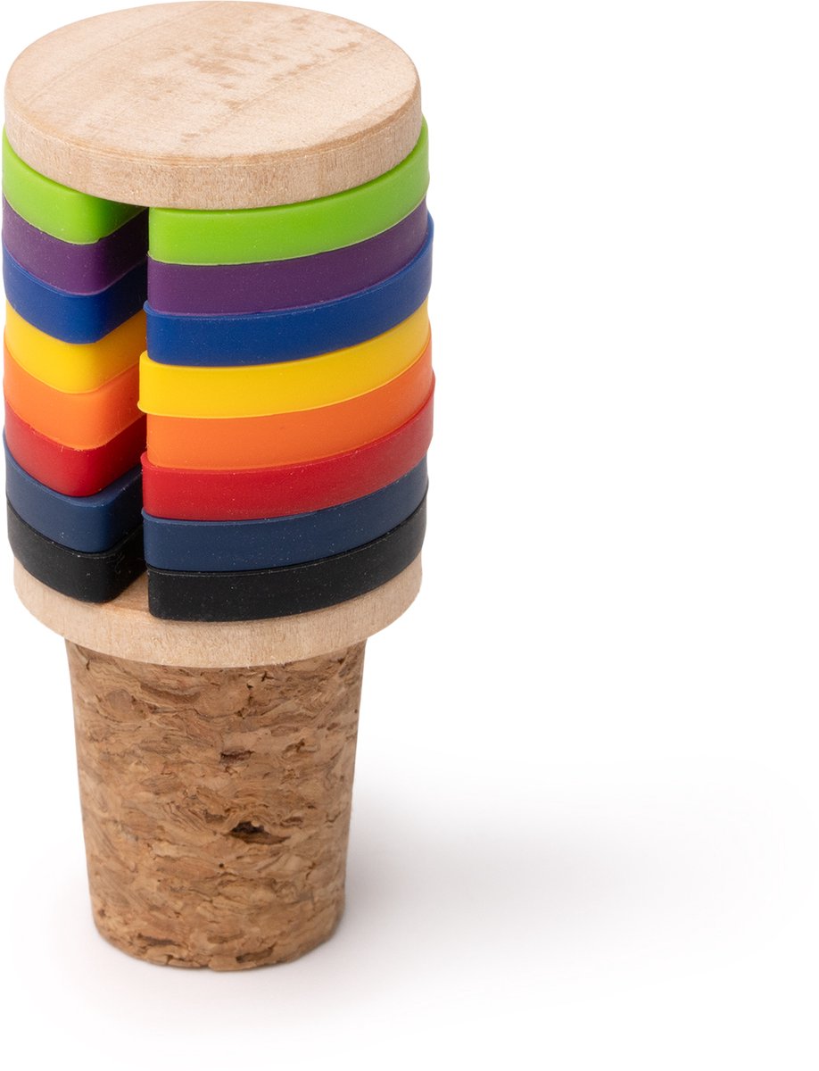 Flessendop van kurk, met oppervlak van bamboe incl 8 gekleurde ringen om je glas te identificeren