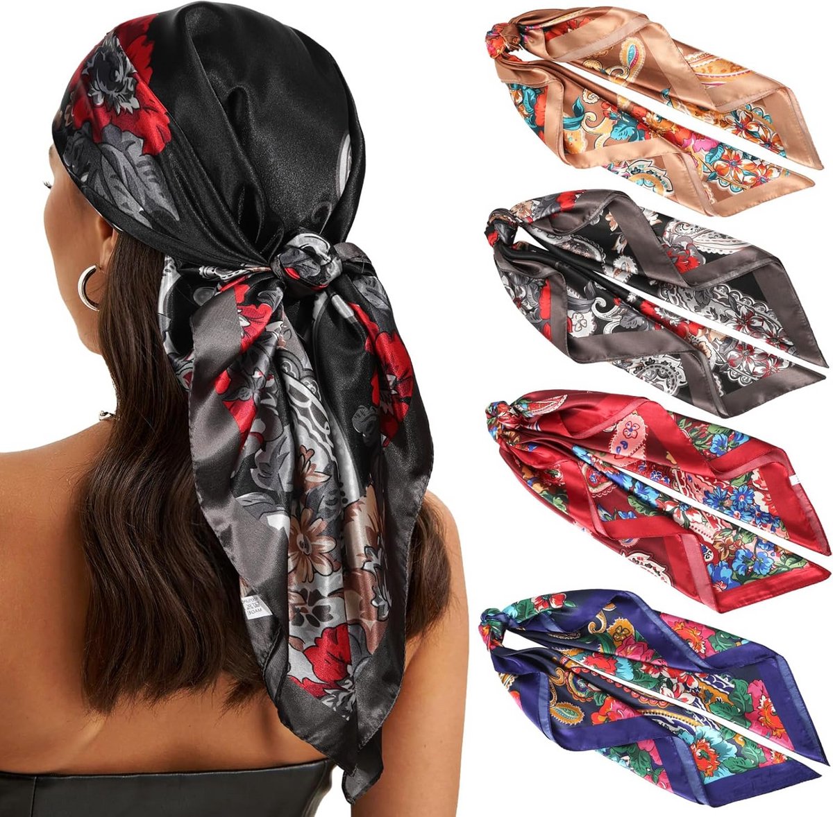 Set van 4 Grote Zijden Vierkante Sjaals 90x90 cm - Multi-inzetbare Bandana's en Haaraccessoires voor Dames