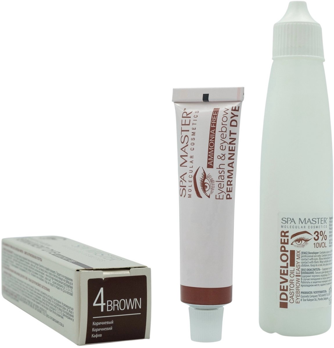 Spa Master Eyelash & Eyebrow Permanent Dye Brown + Developer 3% – Wenkbrauw & Wimper Verf Set Bruin – Professioneel & Ammoniakvrij – Inclusief Castor Olie – 20ml + 60ml