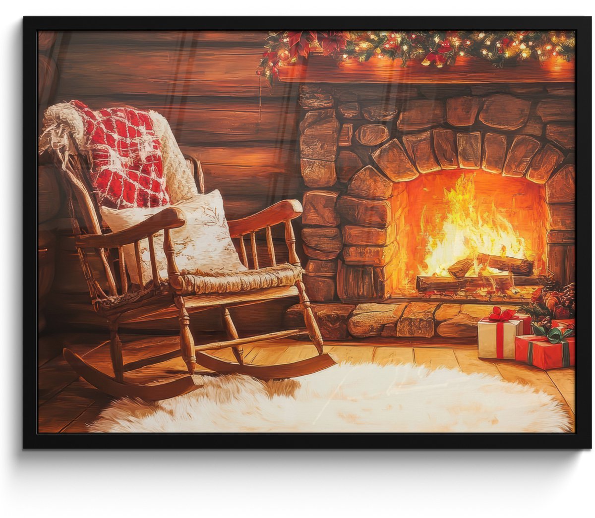 FrameYourWall Poster in lijst - Fotolijst 70x50 cm - Posters - Winter - Kerst - Huis - Openhaard - Posterlijst zwart - Decoratie - Wanddecoratie woonkamer - Kerstdecoratie voor binnen - Kerstversiering - Kerstmis versiering in huis - Christmas decorations Openhaard - Kerst