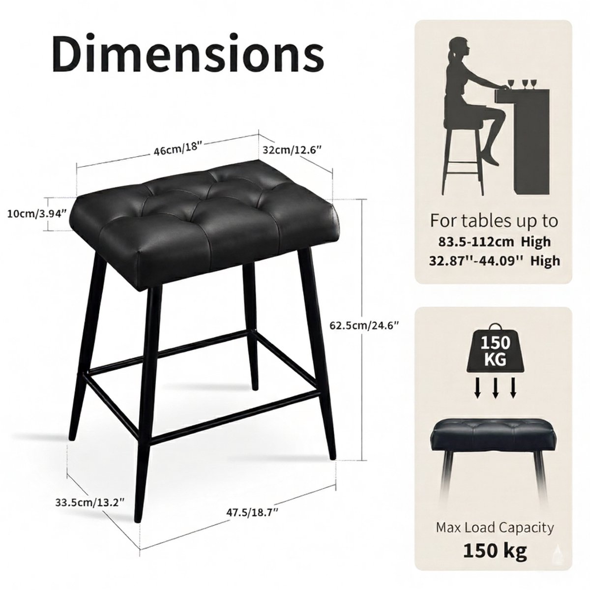 Barkrukken Set van 2 – House&Garden Retro Microvezelleer Barkruk 62,5–65 cm Verstelbaar – Industriële Keukenkruk Zonder Rugleuning met Voetensteun – Zwart Getuft Leer