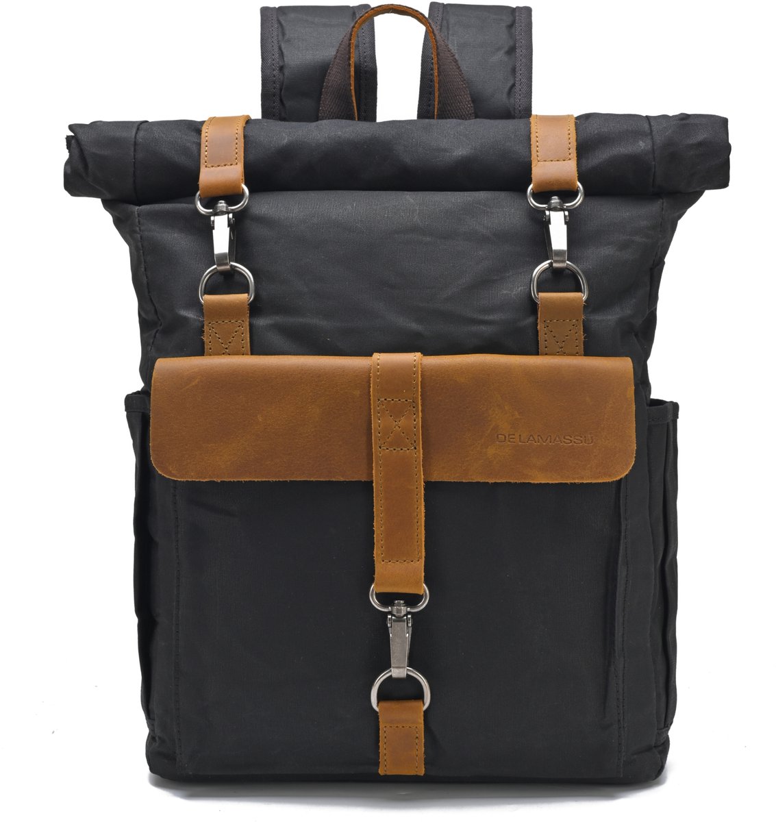 DE LAMASSU® Vintage Canvas Rugzak 15 Inch Laptop – Rolltop Backpack – Waterafstotend – Canvas & Echt Leer – 32x12x45-58 cm – Unisex