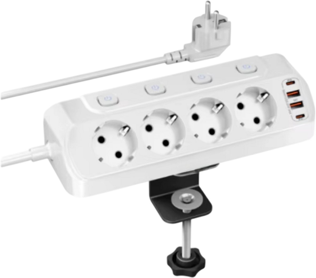 Desktop Stekkerdoos EU Plug Met Individuele Schakelaars 4 AC Stopcontacten + USB Poort, Veiligheid Multiprise Met 2m Snoer Voor Thuis en Kantoor - Wit