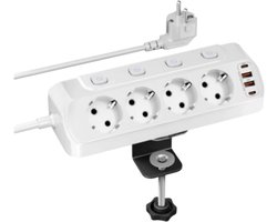 Desktop Stekkerdoos EU Plug Met Individuele Schakelaars 4 AC Stopcontacten + USB Poort, Veiligheid Multiprise Met 2m Snoer Voor Thuis en Kantoor - Wit