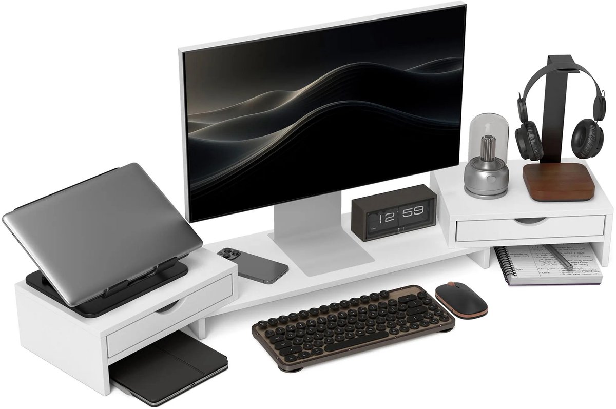 Monitorstandaard - Met Lade - Wit - 60/116 x 22 x 12 cm (L x B x H) - Monitor Standaard