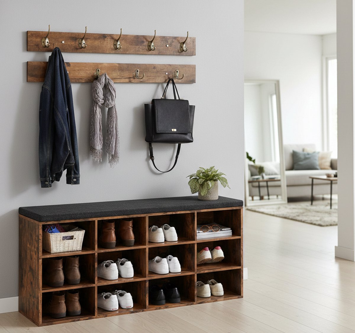 Modena Schoenenbank & Garderobe met 12 Vakjes – Wandgarderobe met 9 Haken, Comfortabele Zithoek & Vintage Bruin Design – 30 x 100 x 48 cm - House&Garden