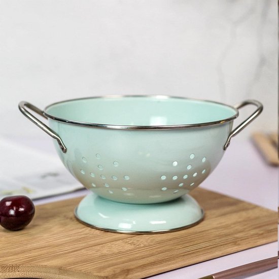 Emaille Vergiet Kom Groen - Vintage Stijl Metalen Fruitmand & Zeef — afbeelding 4