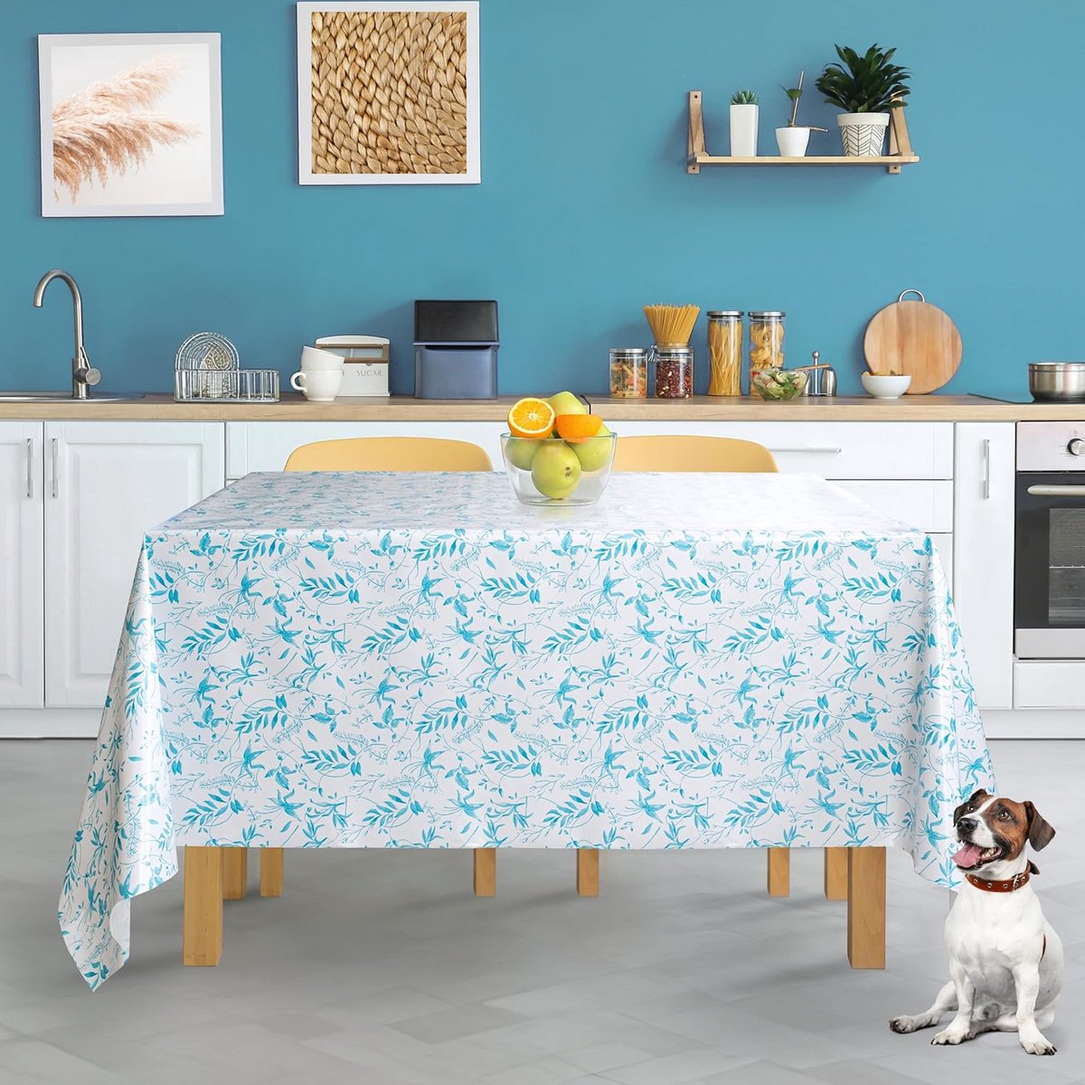 Afwasbaar Rechthoekig Tafelkleed PVC - Blauw Bladmotief 250x140 cm