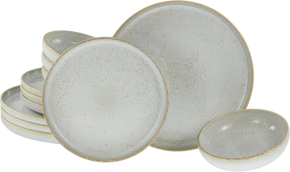 Servies Set van 12 Delen voor 4 Personen, Steengoed, Vintage Offwhite